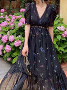 V-neck Floral Retro Puff Sleeve Dress - Black | VintageMist_