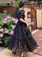 V-neck Floral Retro Puff Sleeve Dress - Black | VintageMist_