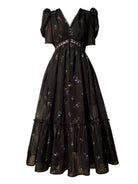 V-neck Floral Retro Puff Sleeve Dress - Black | VintageMist_