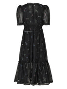 V-neck Floral Retro Puff Sleeve Dress - Black | VintageMist_