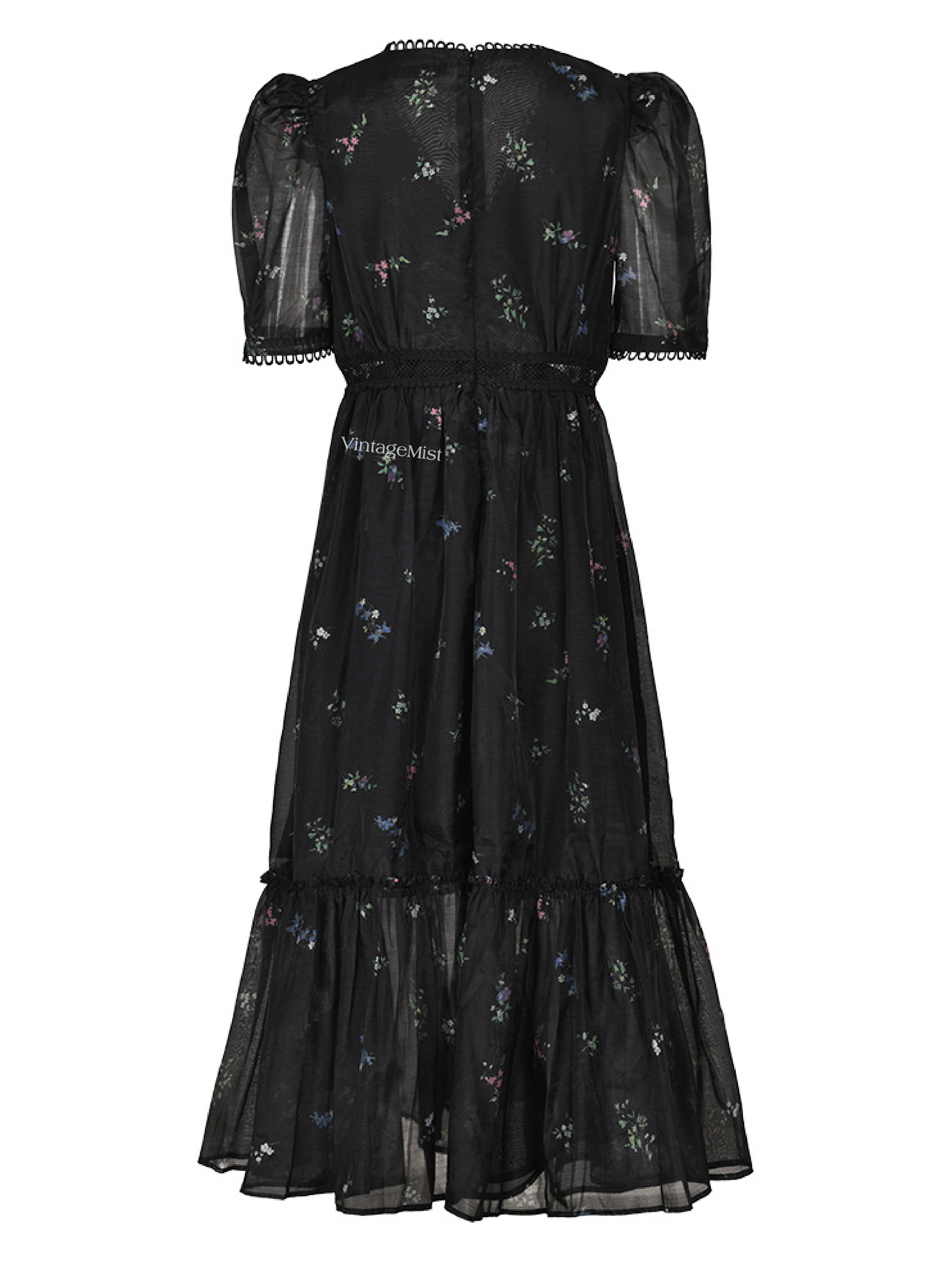 V-neck Floral Retro Puff Sleeve Dress - Black | VintageMist_