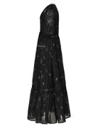 V-neck Floral Retro Puff Sleeve Dress - Black | VintageMist_