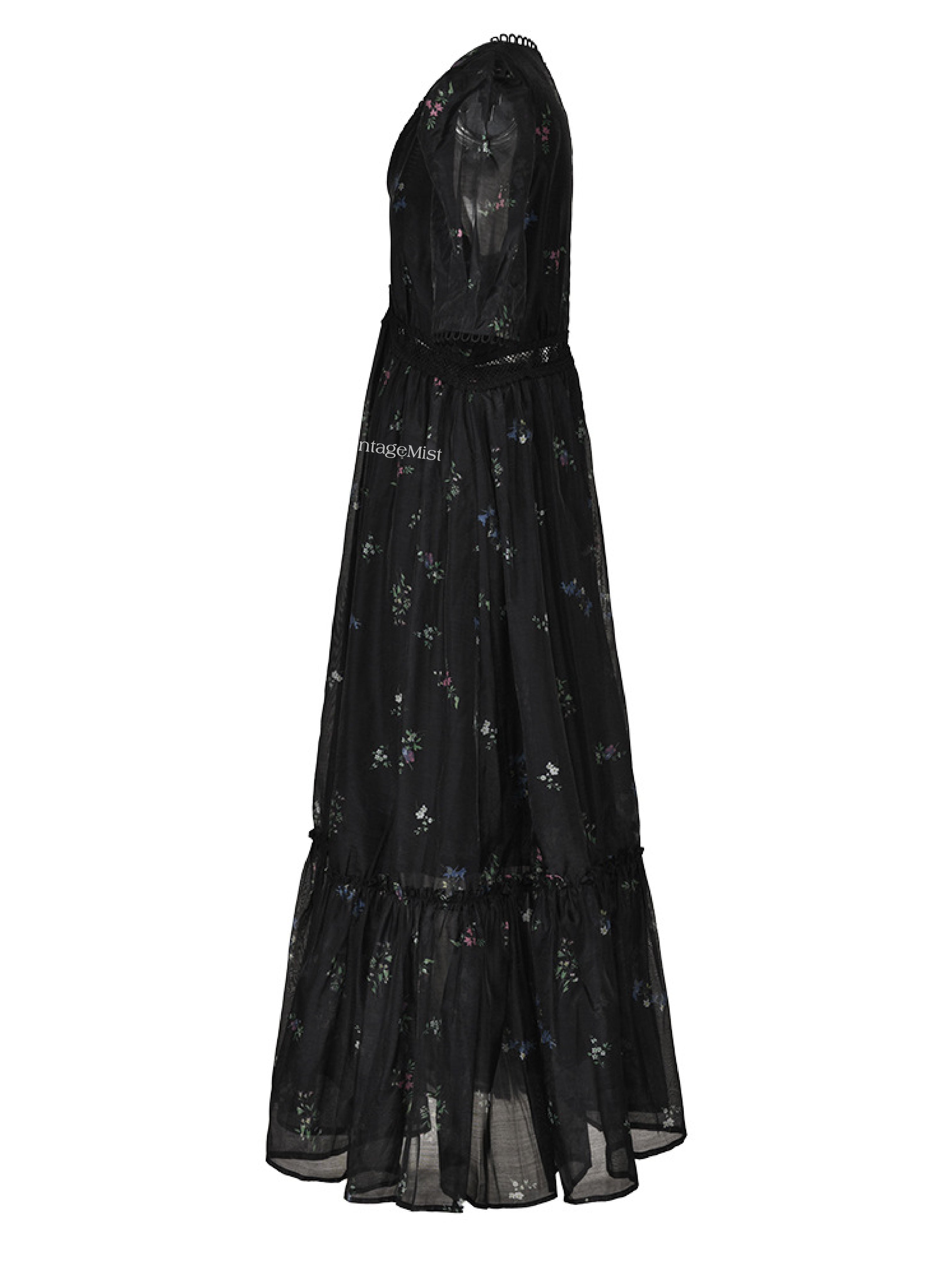 V-neck Floral Retro Puff Sleeve Dress - Black | VintageMist_