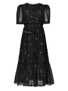 V-neck Floral Retro Puff Sleeve Dress - Black | VintageMist_