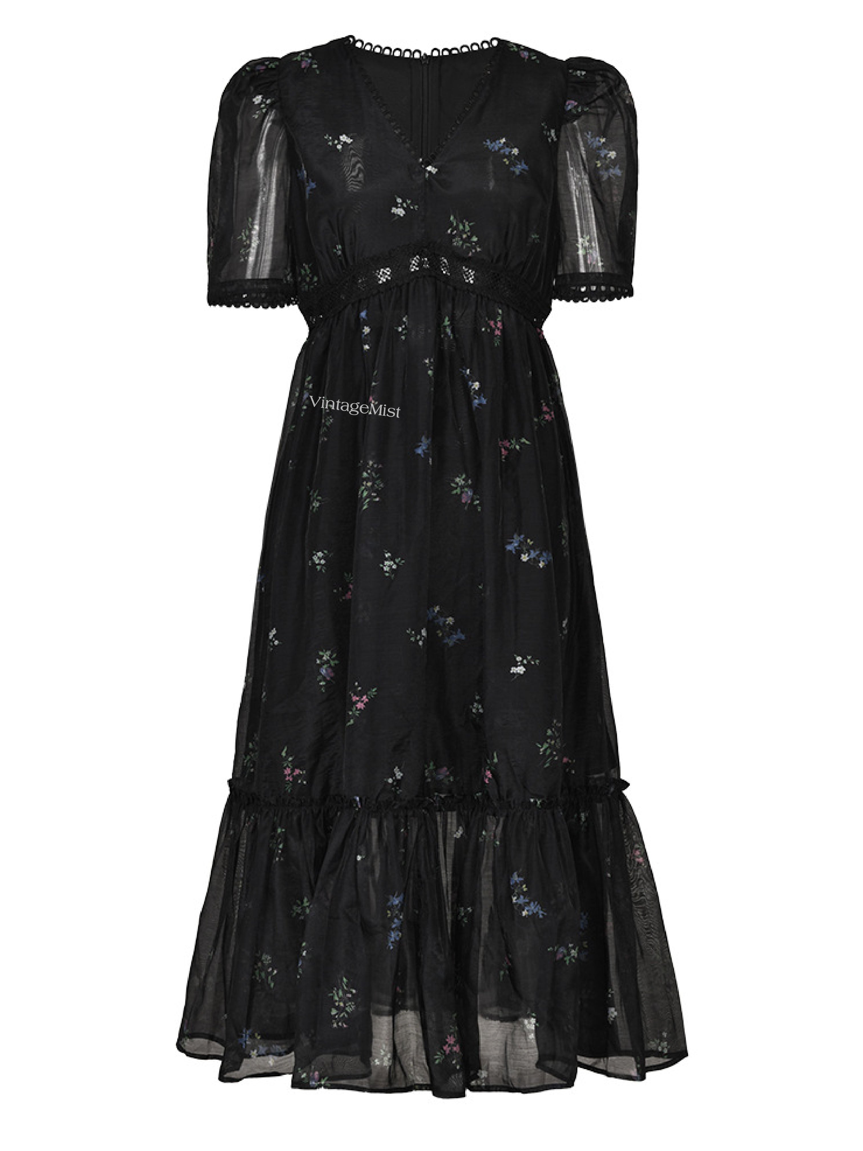 V-neck Floral Retro Puff Sleeve Dress - Black | VintageMist_