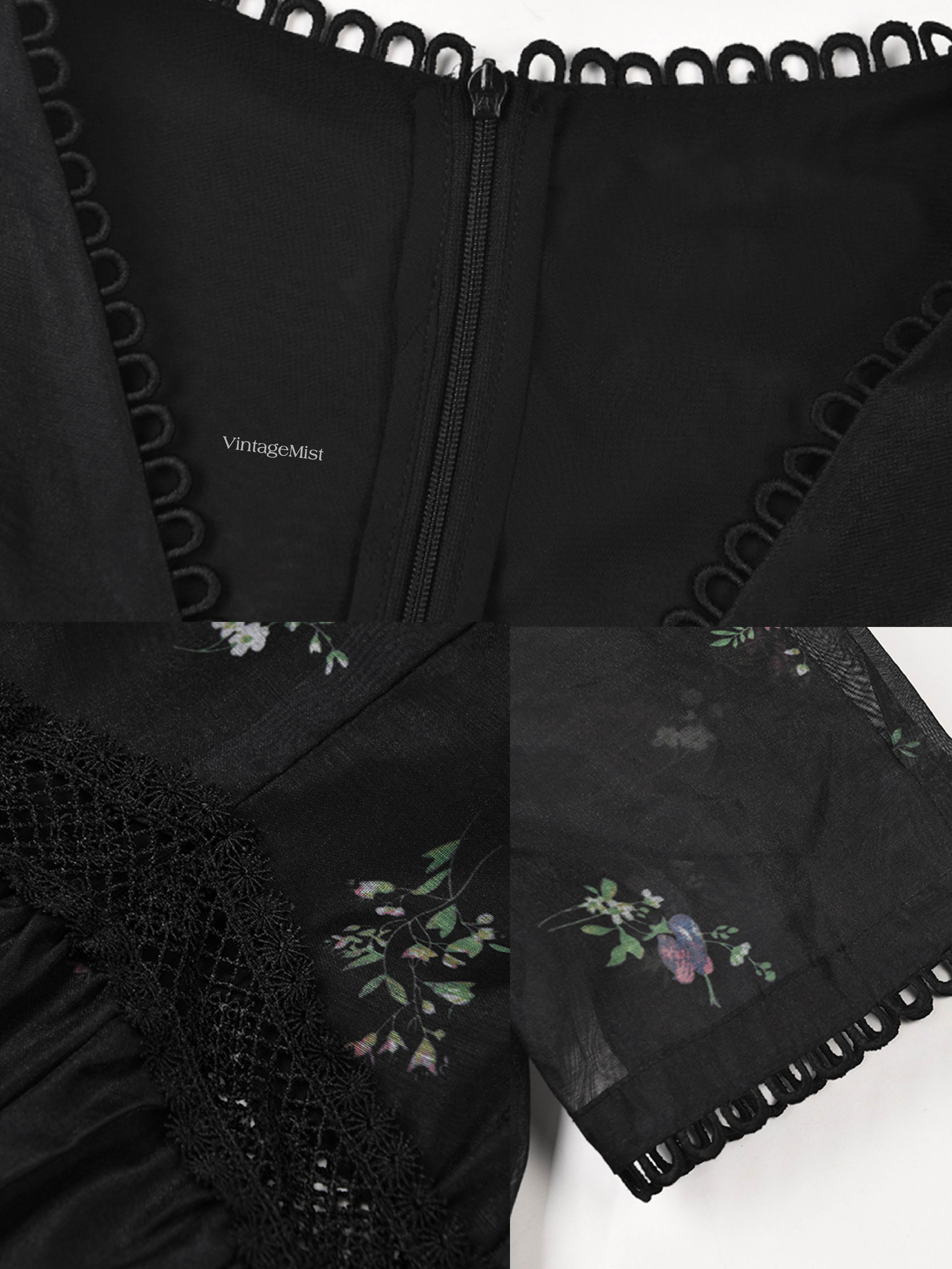 V-neck Floral Retro Puff Sleeve Dress - Black | VintageMist_