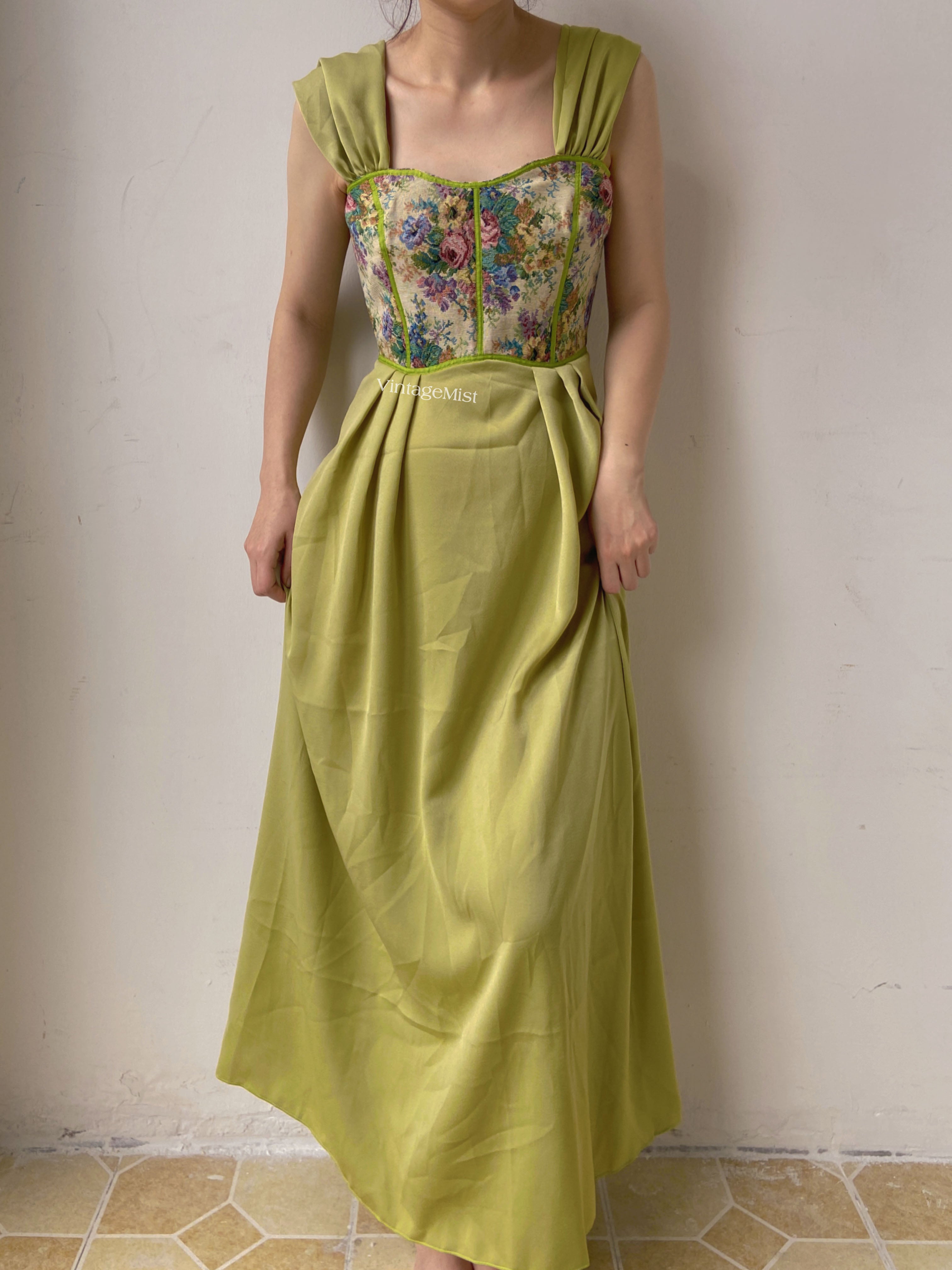 Vintage Floral Corset Dress  - Green | VintageMist
