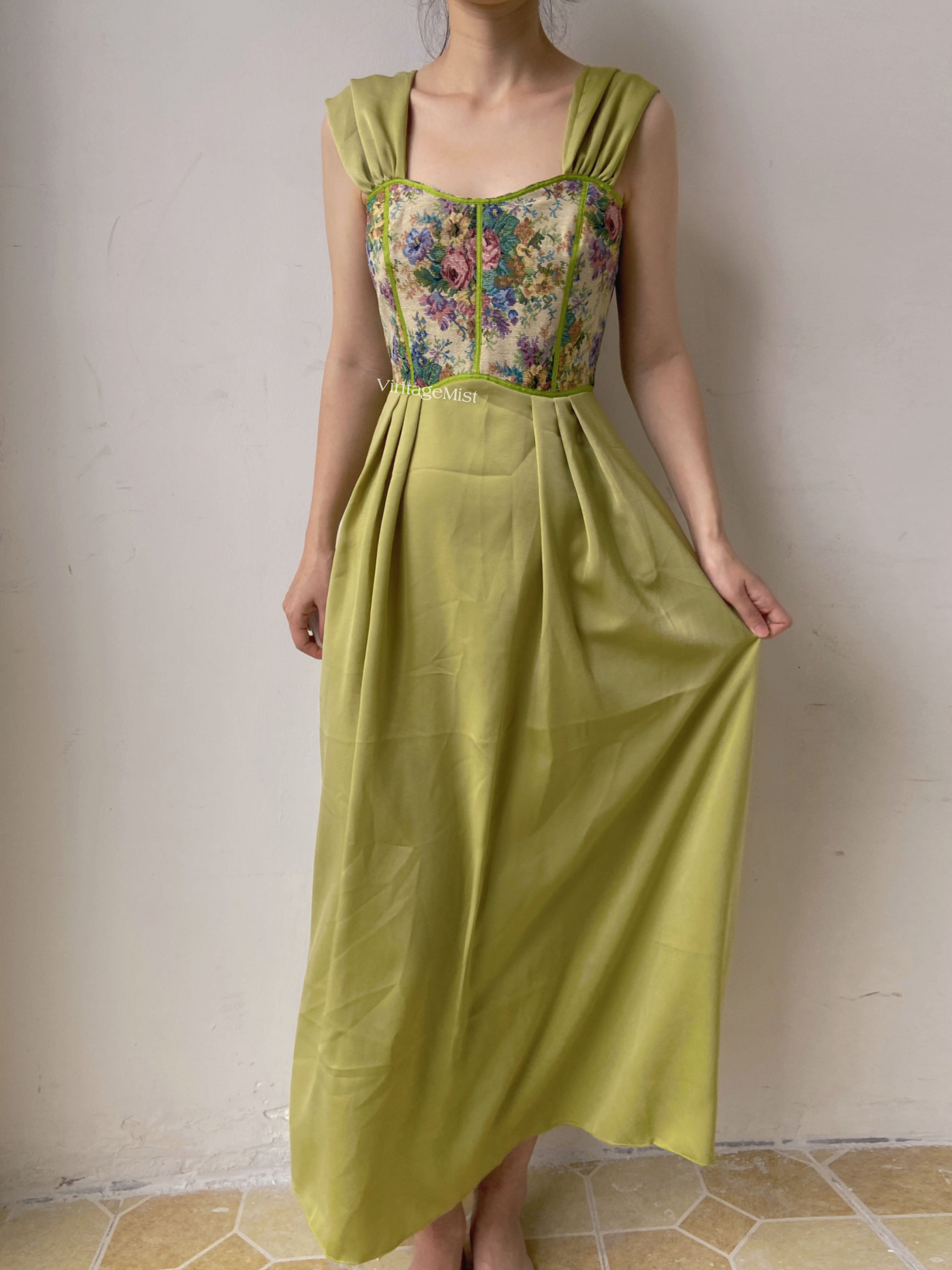 Vintage Floral Corset Dress  - Green | VintageMist