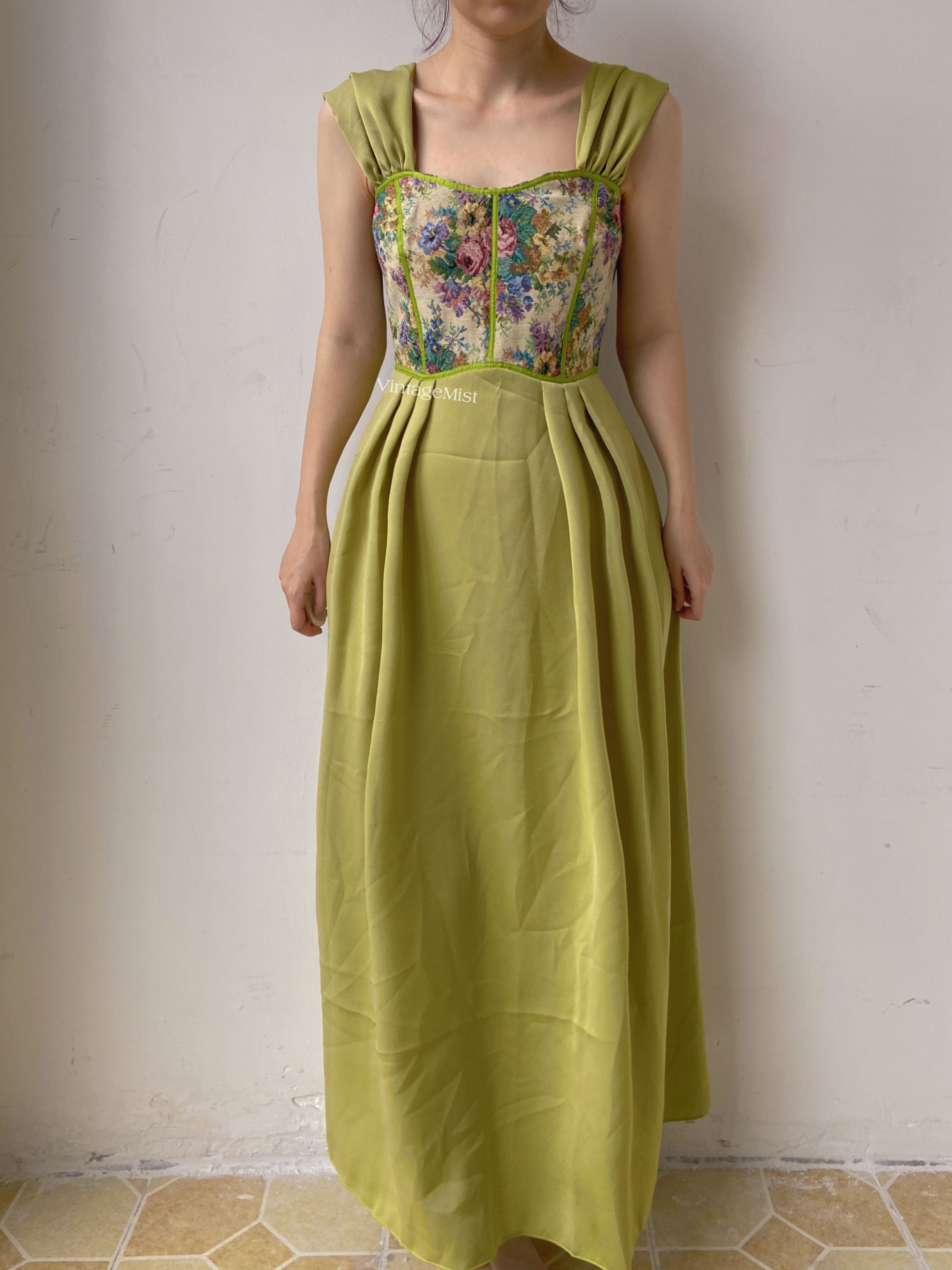 Vintage Floral Corset Dress  - Green | VintageMist