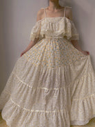 Vintage Floral Ruffled Lace Maxi Dress - Beige | VintageMist