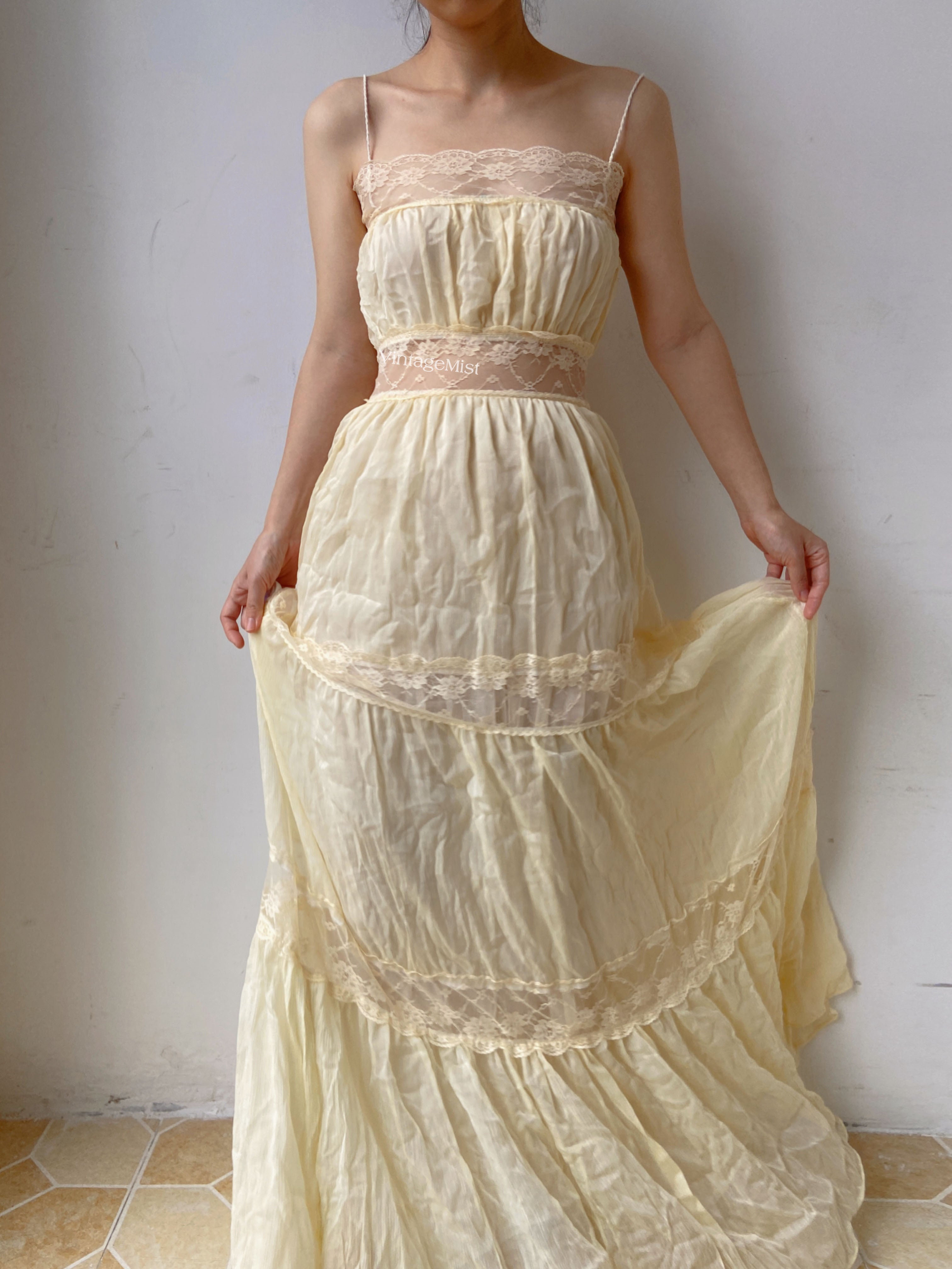 Vintage Lace Dress Lace Ruffle Gown - Light Yellow | VintageMist_