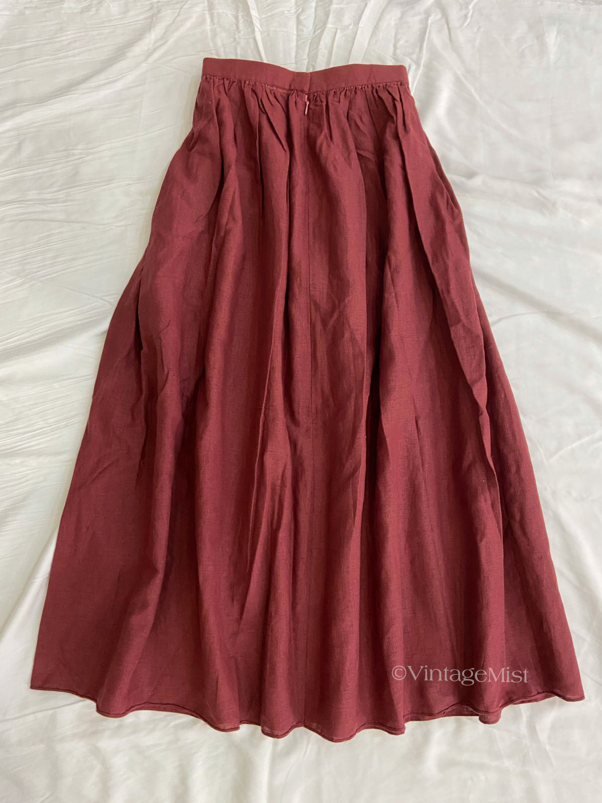 Wine Red Linen Midi Skirt With Pockets VintageMist