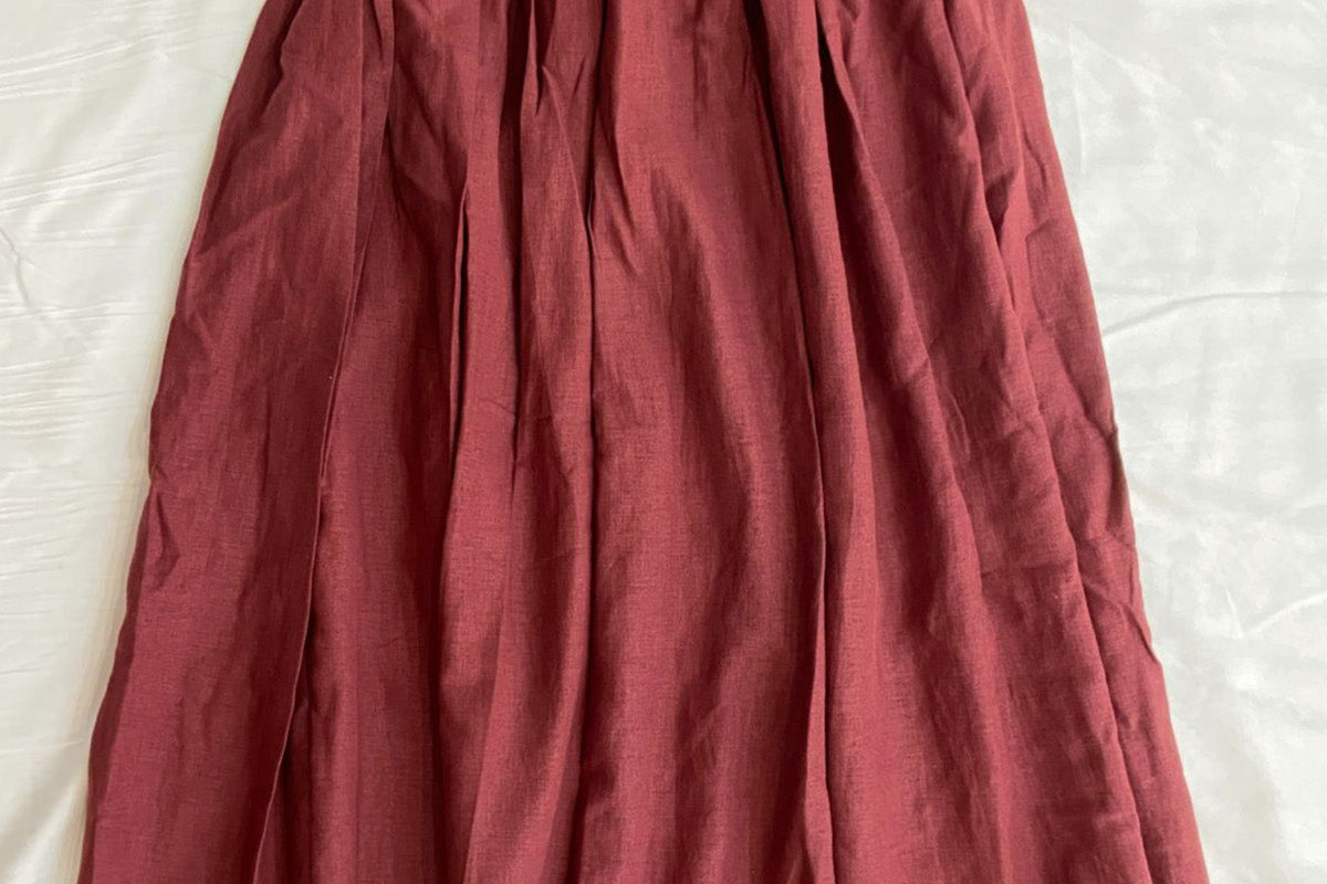 Wine Red Linen Midi Skirt With Pockets VintageMist