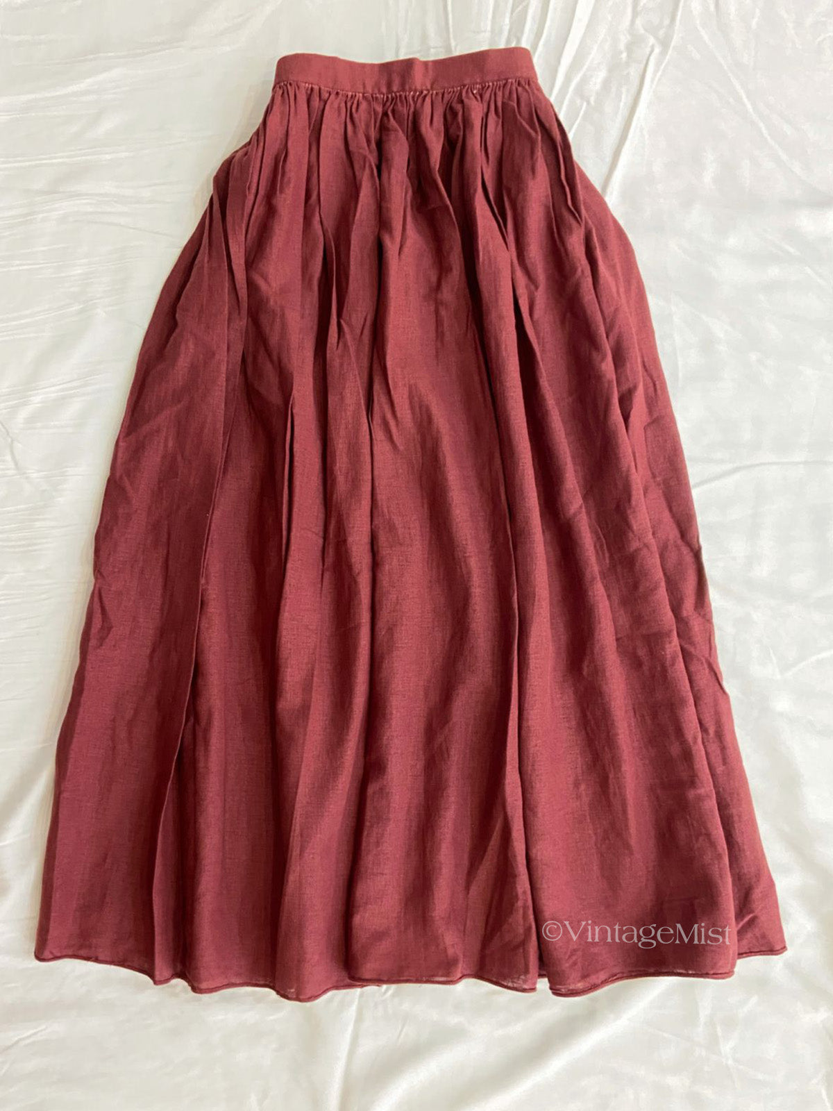 Wine Red Linen Midi Skirt With Pockets VintageMist