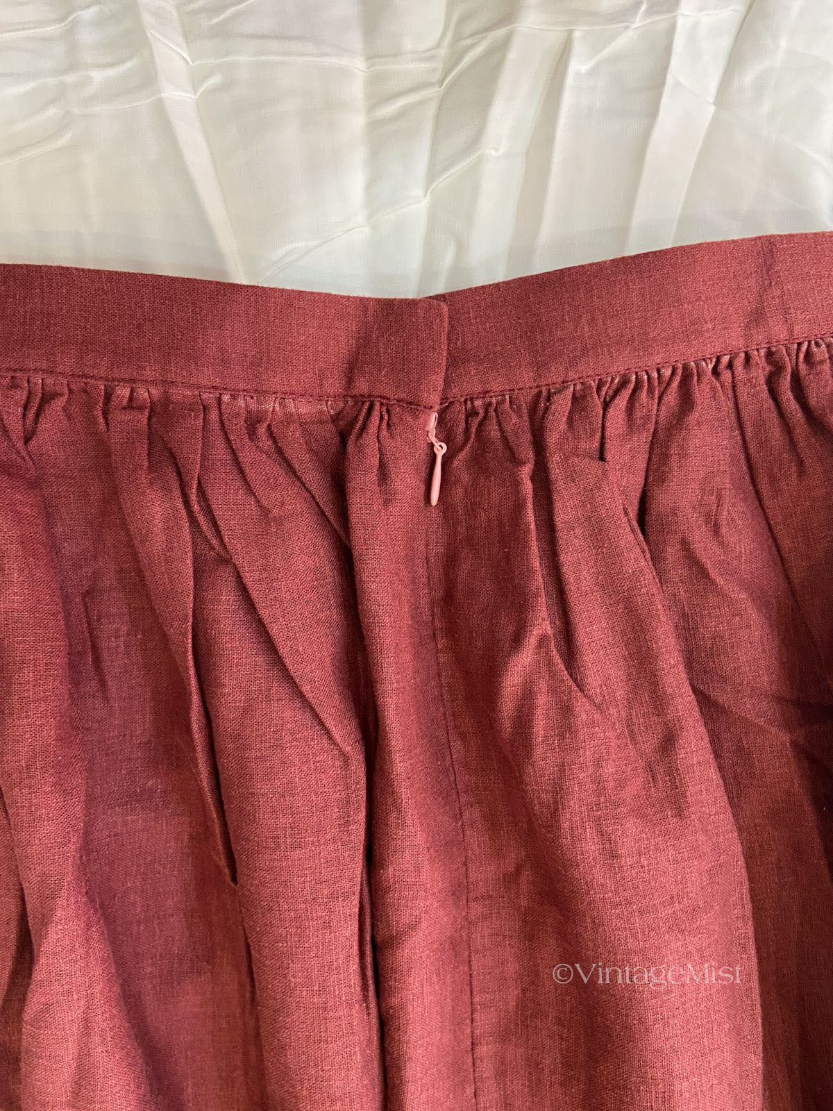 Wine Red Linen Midi Skirt With Pockets VintageMist