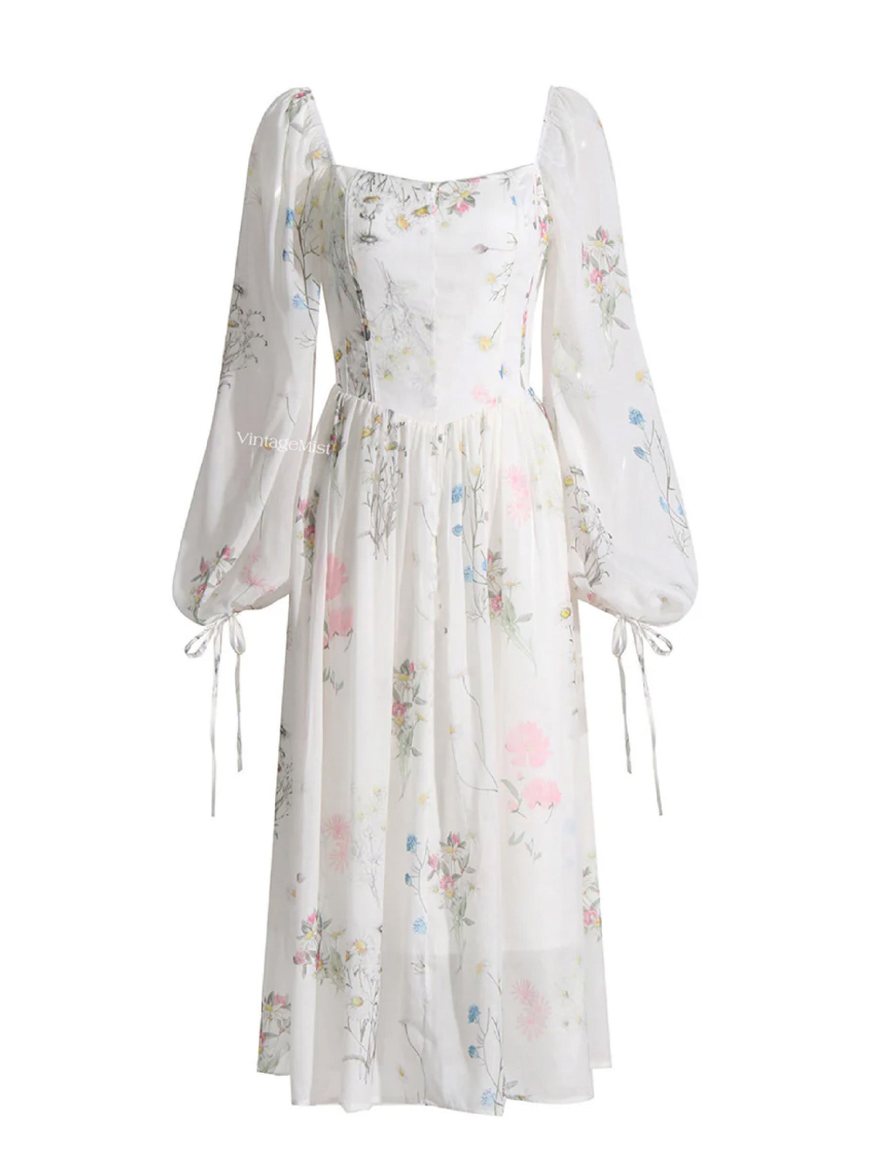 Women's Ivory Blooming Floral Square Neck Fairy Dress | VintageMist