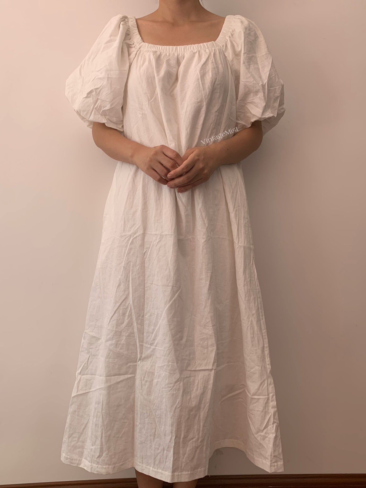 Women's Puff Sleeve Simple Dress - White | VintageMist