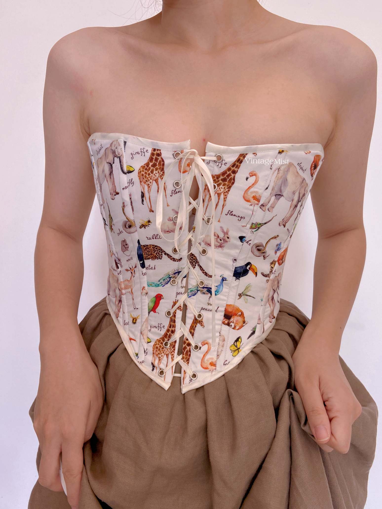 Animal Pattern Off-The-Shoulder Tapestry Corset - White | VintageMist