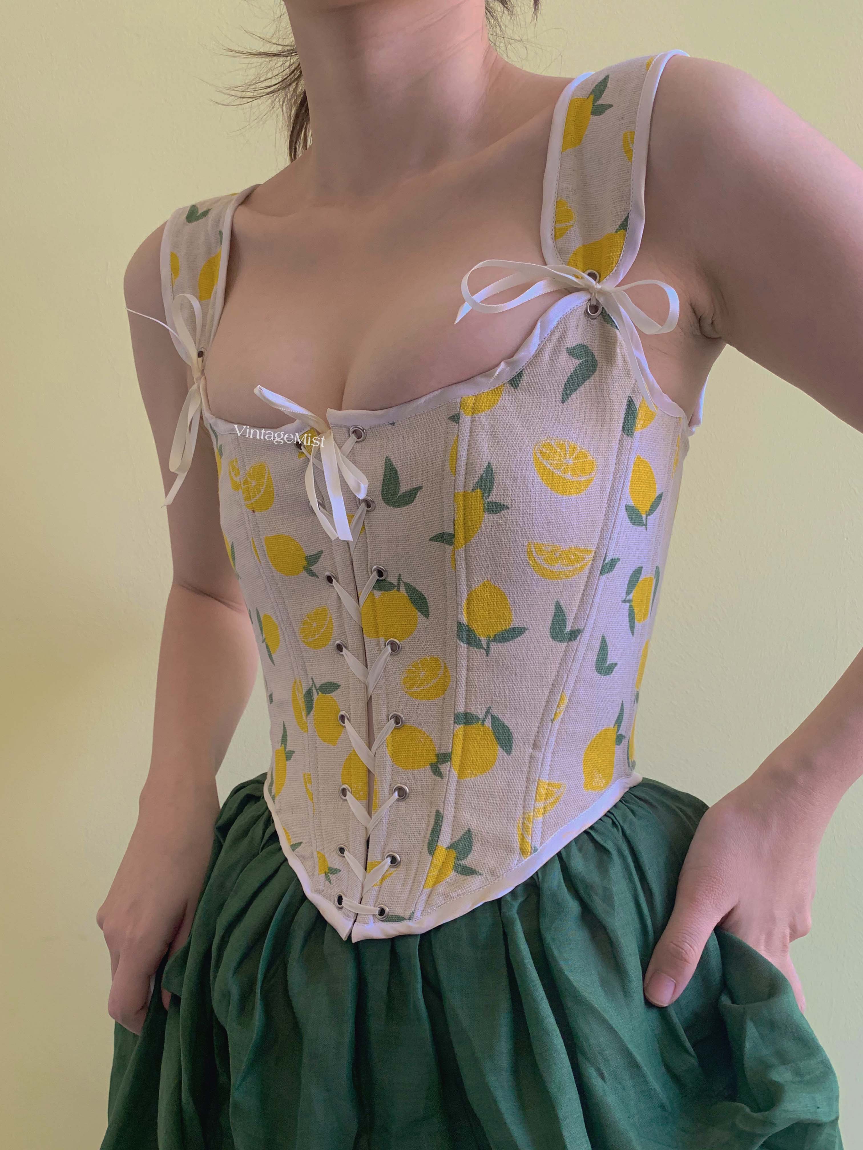 Cottagecore Lemon Print Lace Up Corset - Ivory | VintageMist