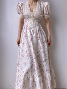 Puff Sleeve V Neck Floral Dress - White | VintageMist