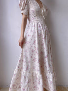 Puff Sleeve V Neck Floral Dress - White | VintageMist