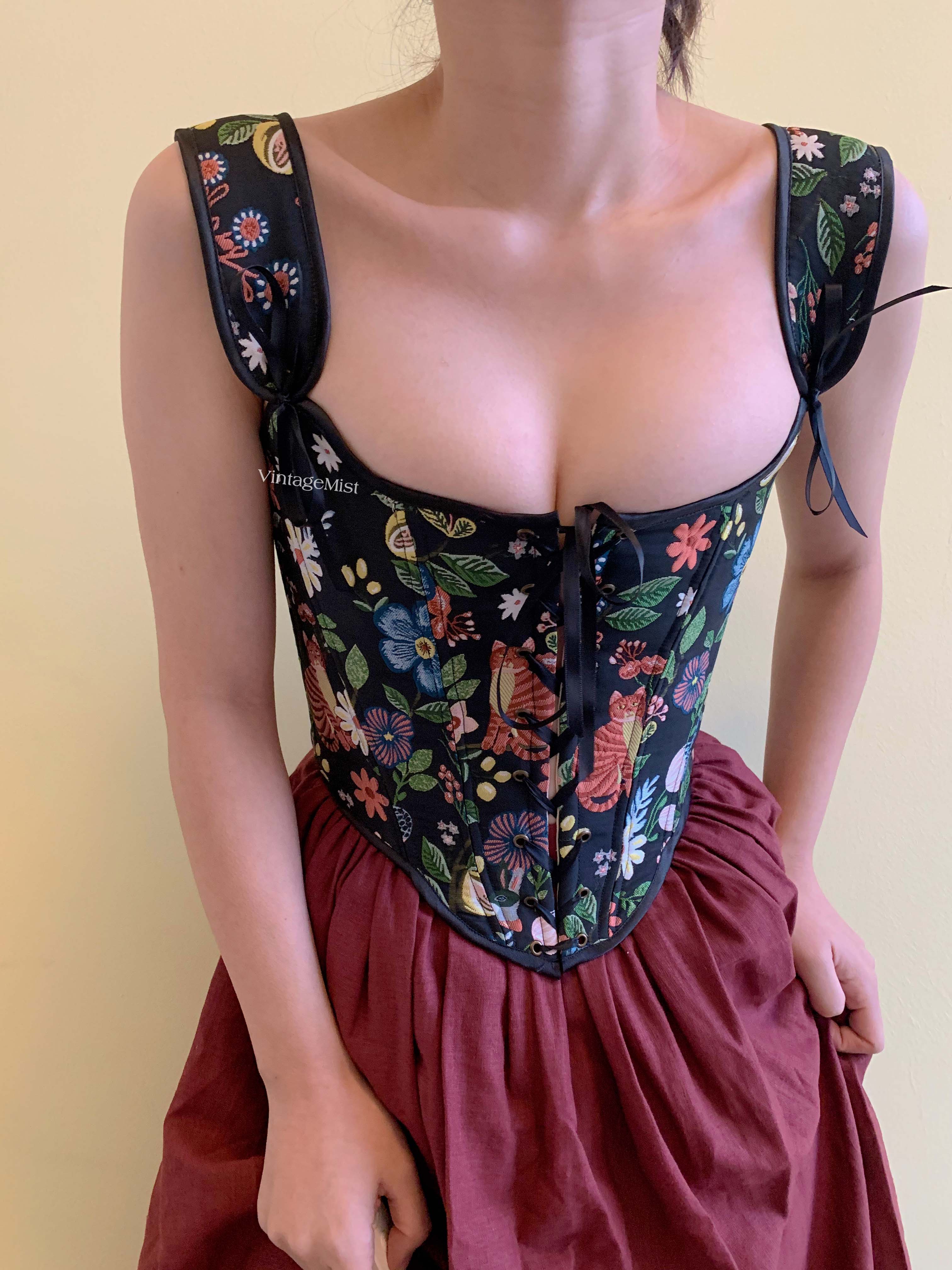 Enchanted Forest Fairycore Corset with Cat Print - Black | VintageMist
