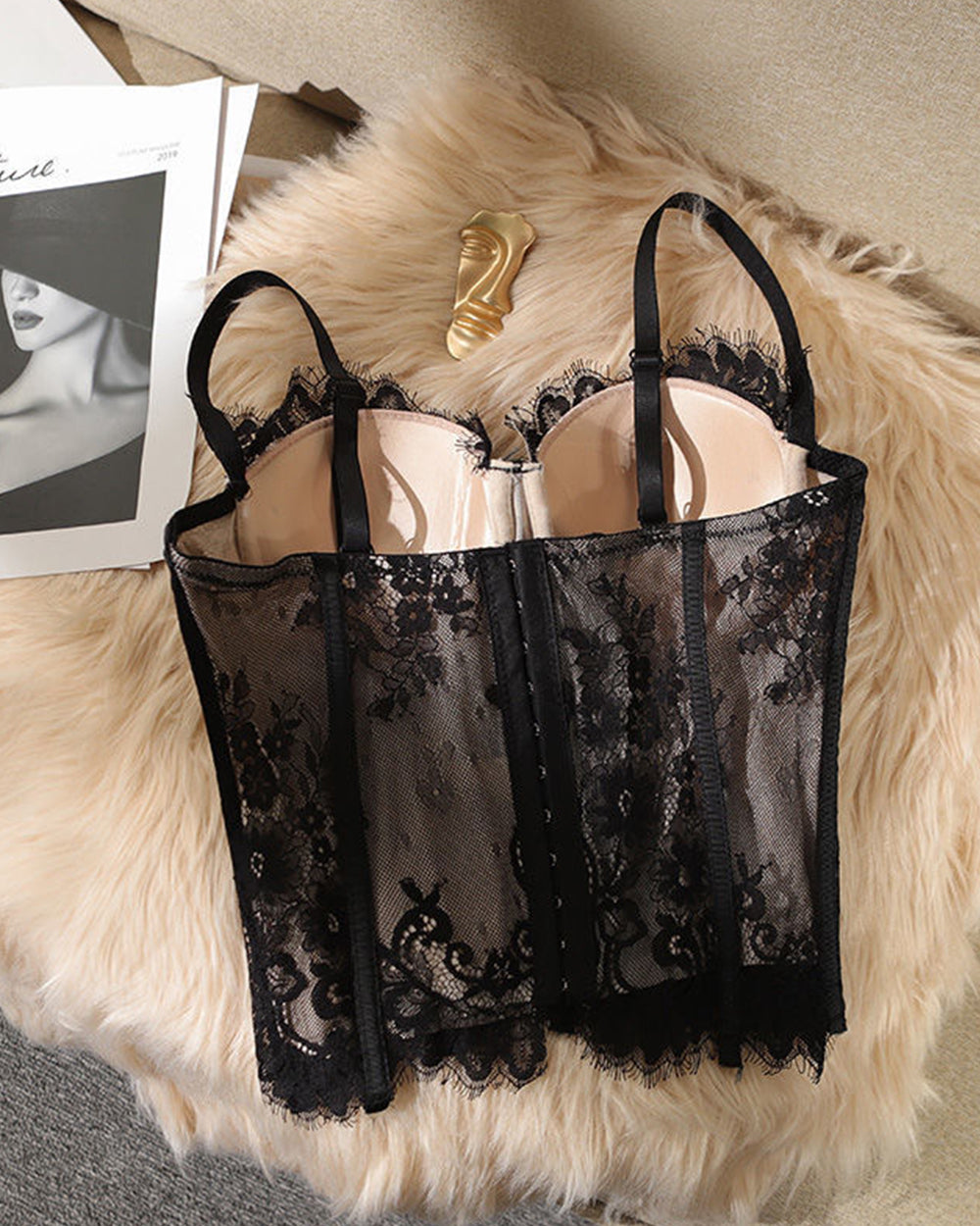 Lace Bustier Crop Cami Top - Black | Vintagemist.com
