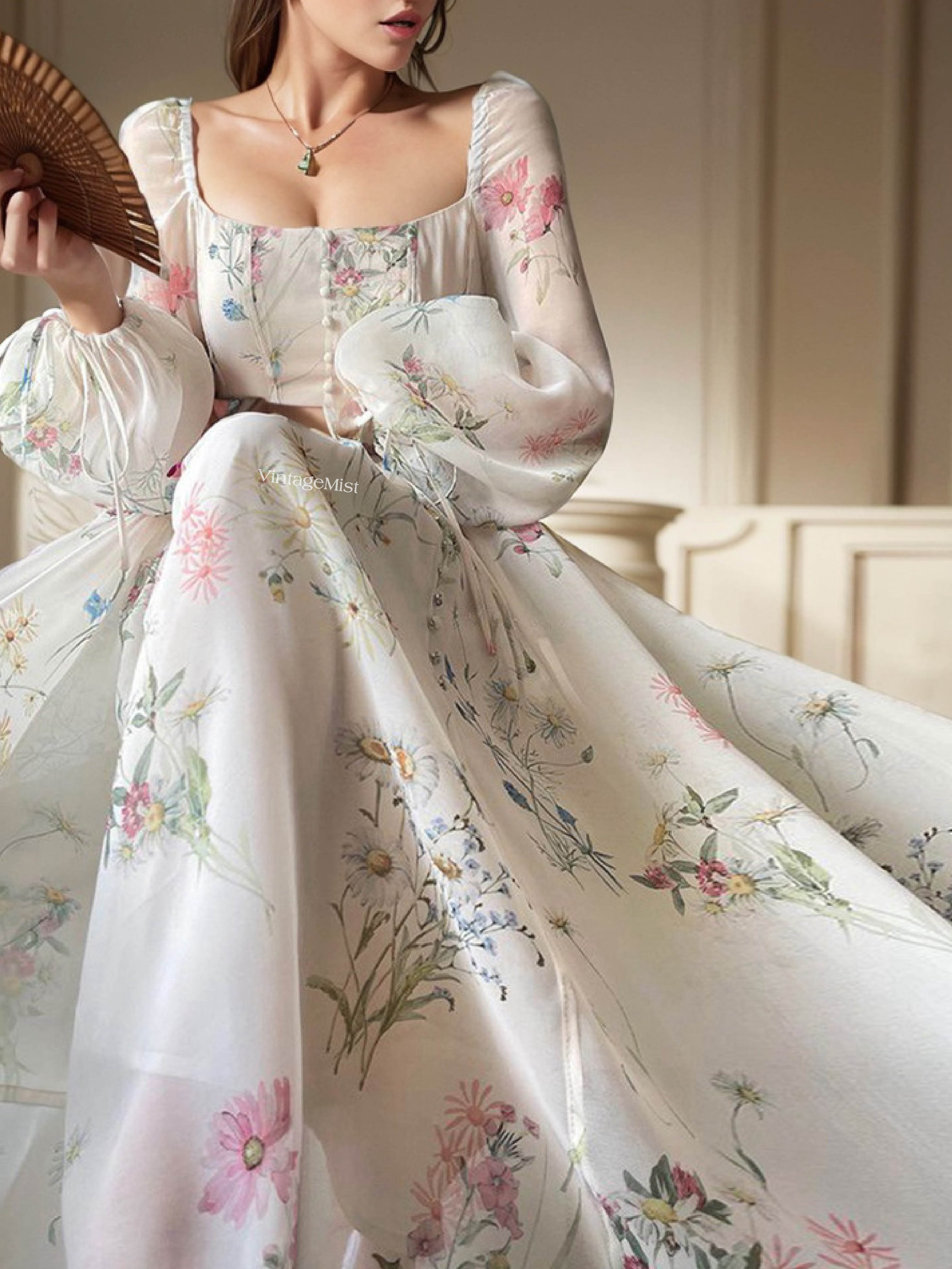 Blooming Floral Spring Fairy Dress - Ivory | VintageMist