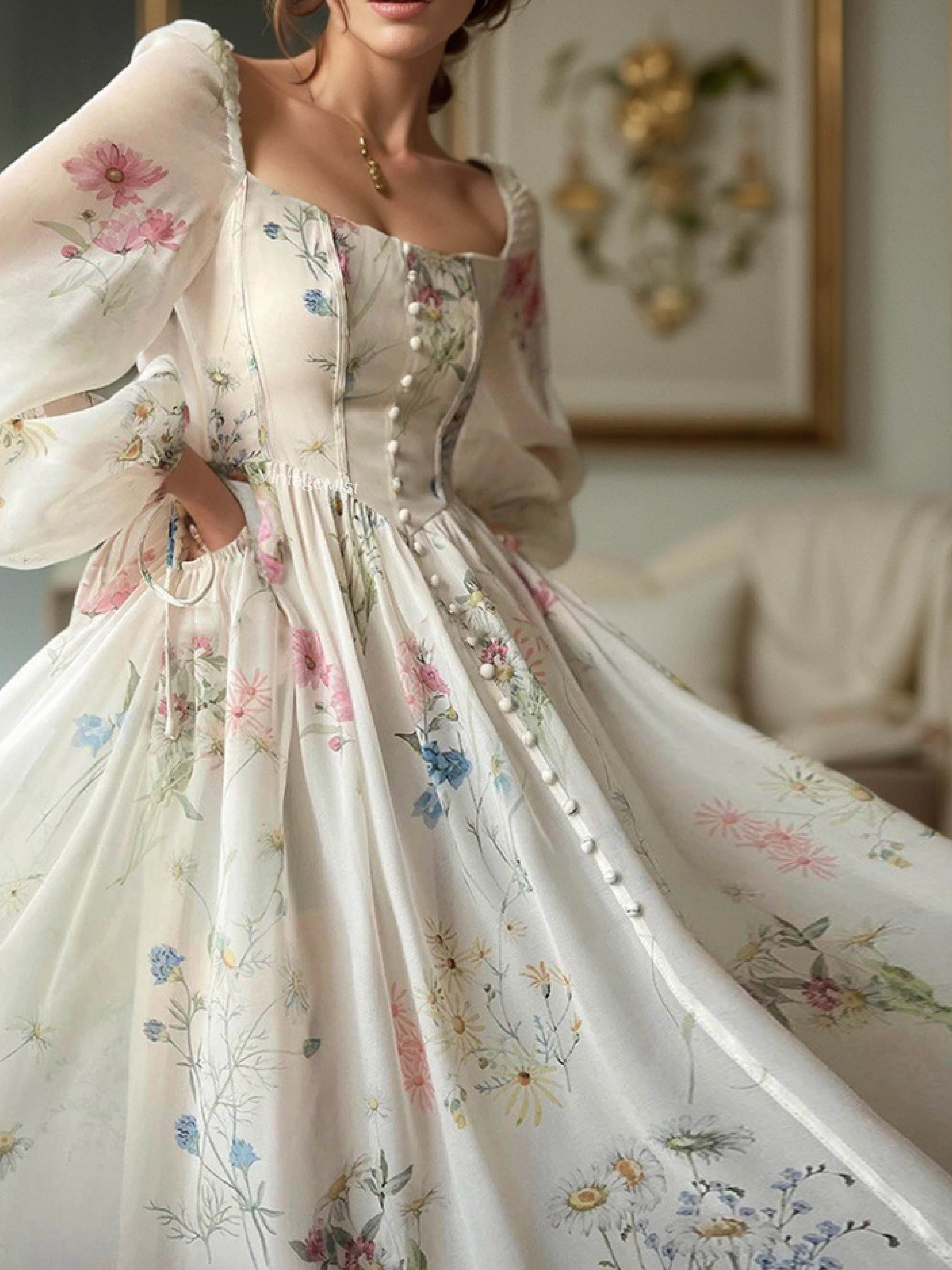 Blooming Floral Spring Fairy Dress - Ivory | VintageMist