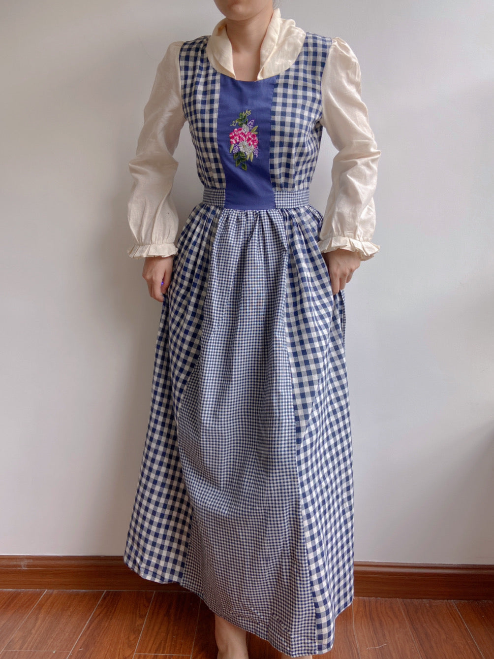 Check Patchwork Floral Embroidery Midi Dress | VintageMist
