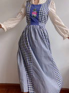 Check Patchwork Floral Embroidery Midi Dress | VintageMist_1