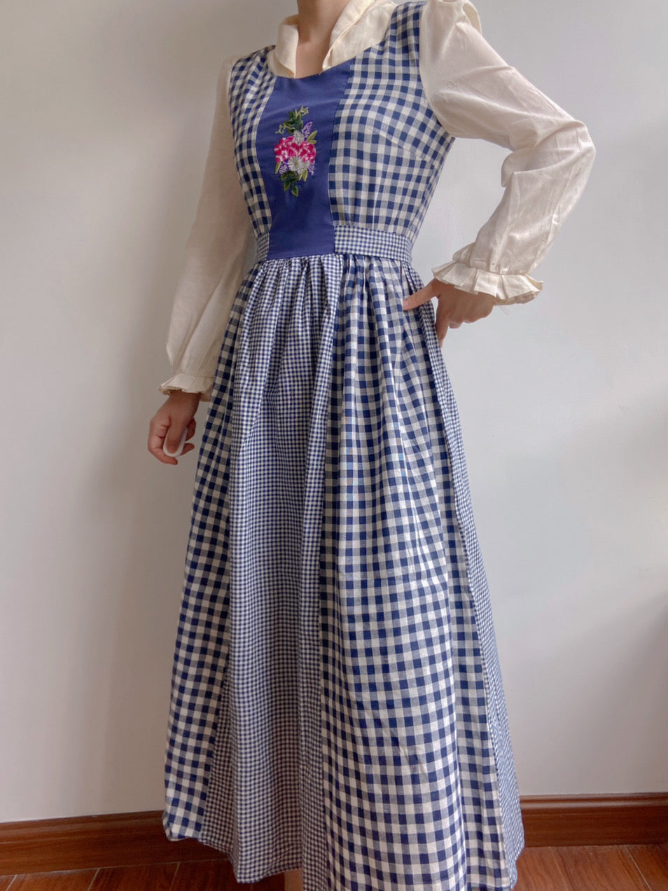 Check Patchwork Floral Embroidery Midi Dress | VintageMist_