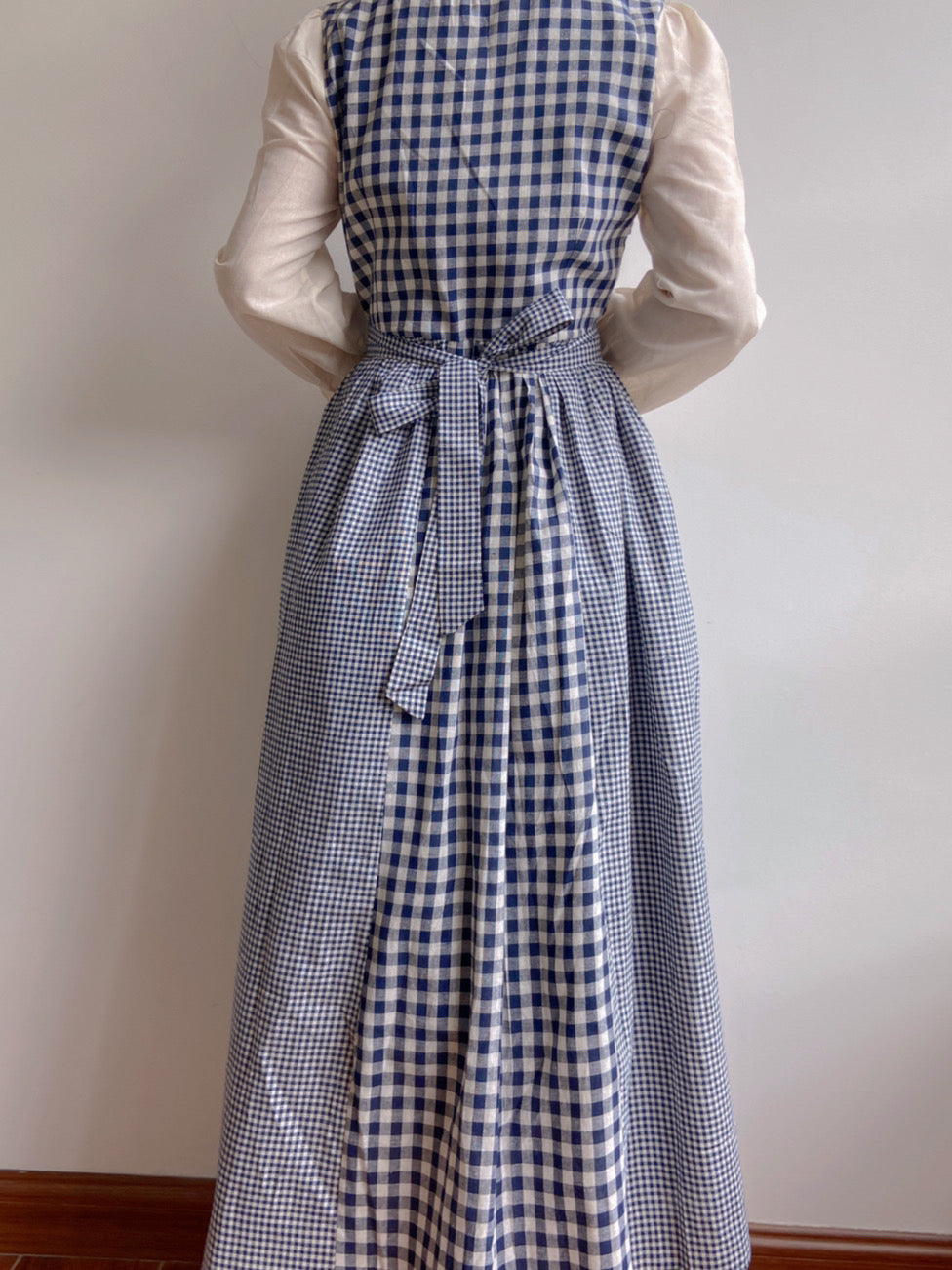 Check Patchwork Floral Embroidery Midi Dress | VintageMist_