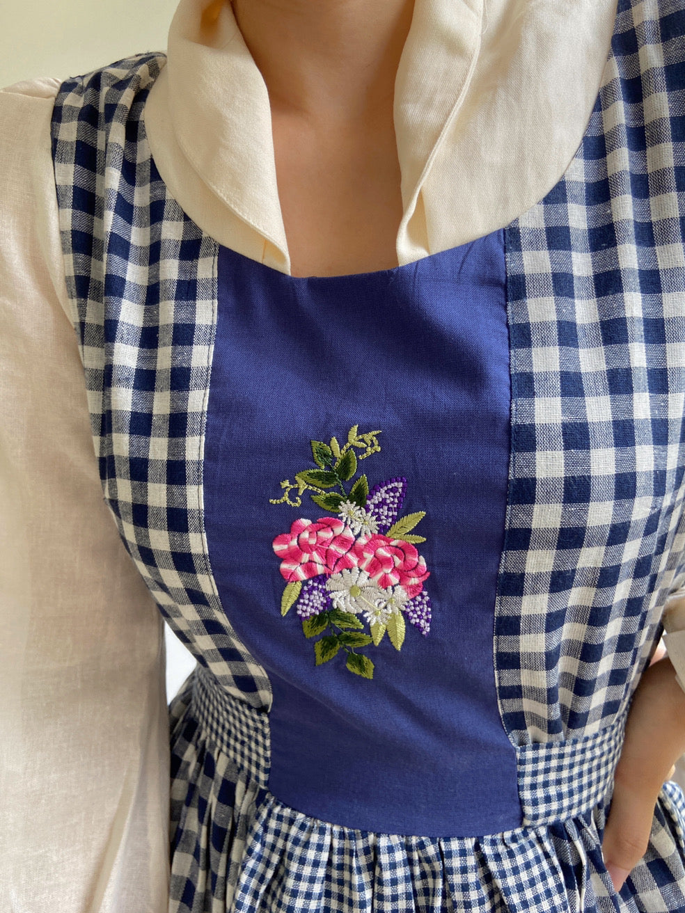 Check Patchwork Floral Embroidery Midi Dress | VintageMist_