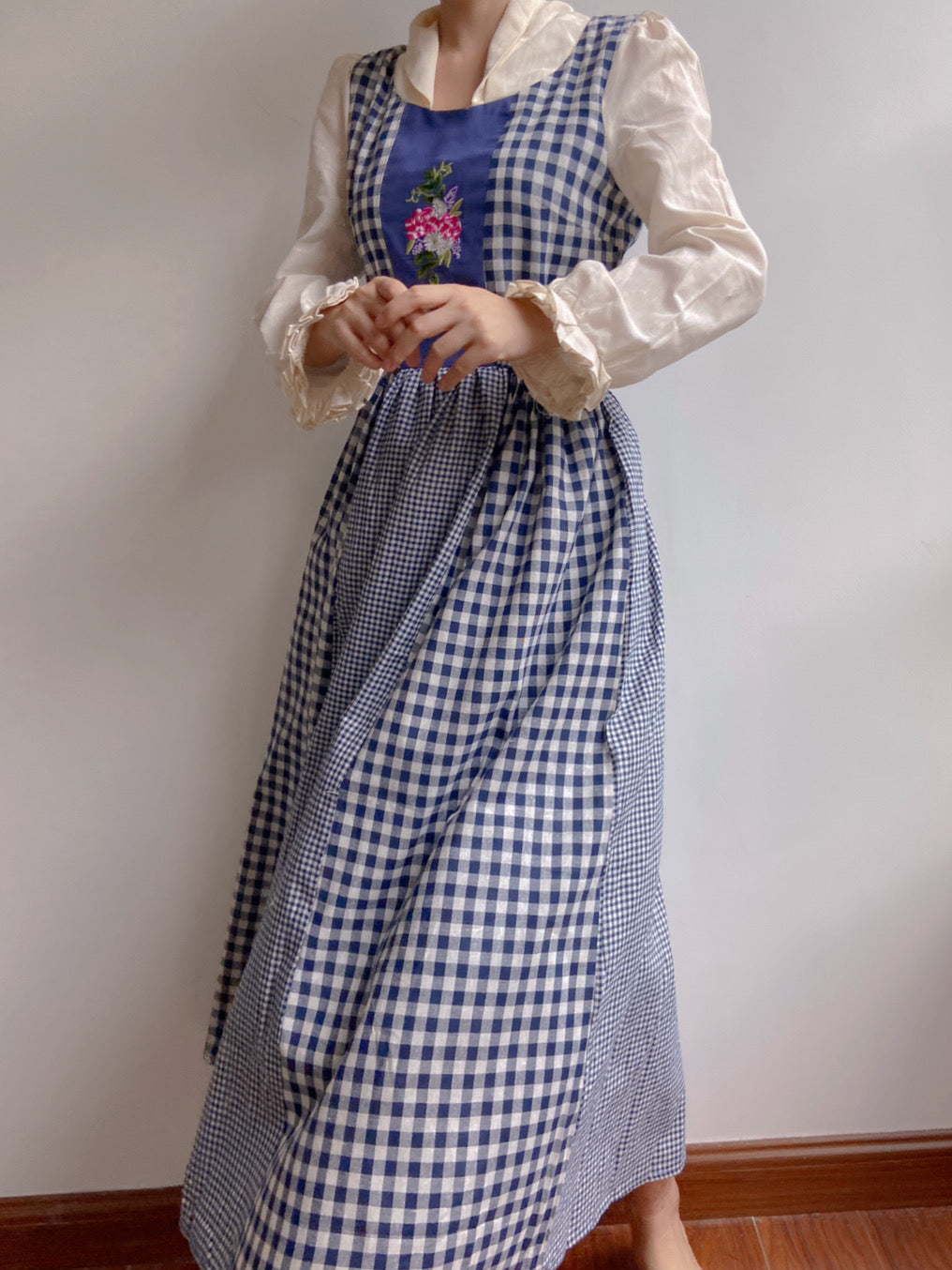 Check Patchwork Floral Embroidery Midi Dress | VintageMist_