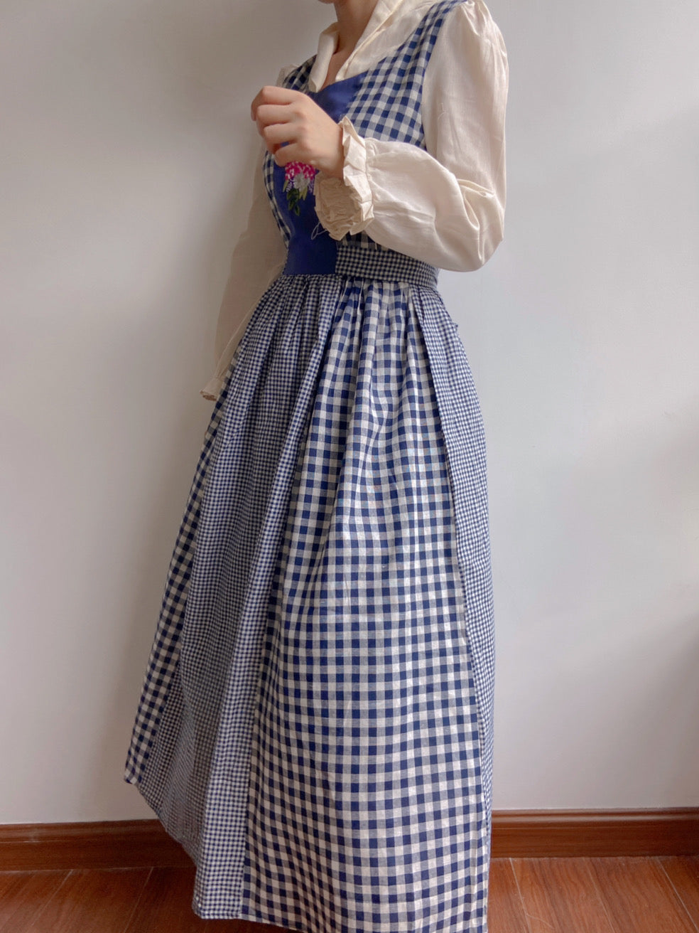 Check Patchwork Floral Embroidery Midi Dress | VintageMist_
