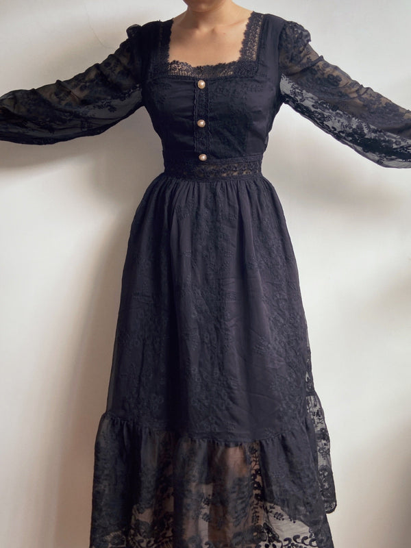 Embroidered Floral Chiffon Long Sleeve Midi Dress - Black| VintageMist