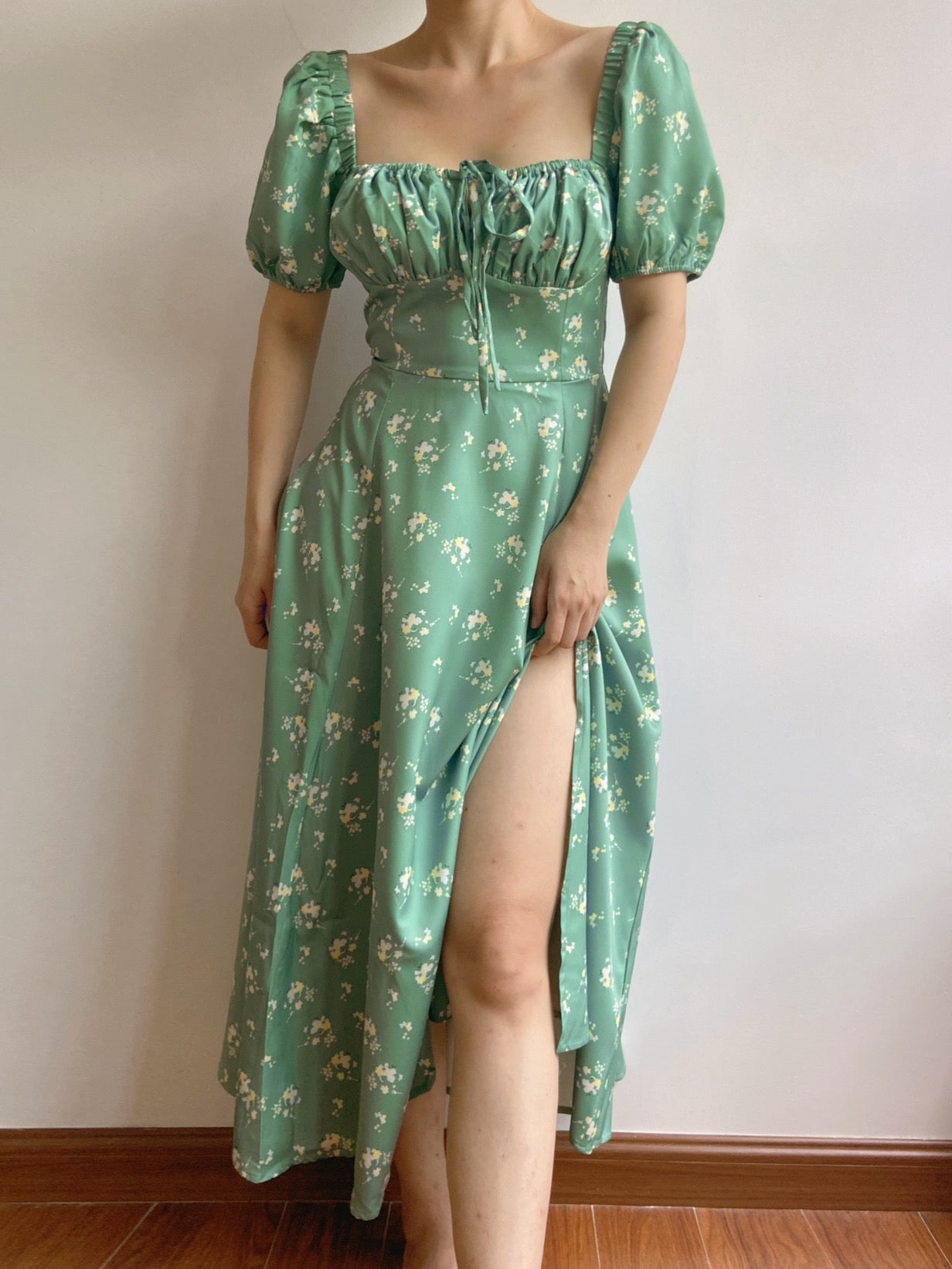 Floral Print Puff Sleeve Midi Dress - Green | VintageMist