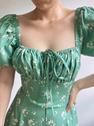 Floral Print Puff Sleeve Midi Dress - Green | Vintage Mist