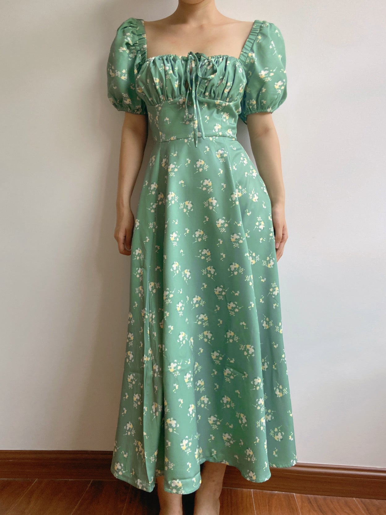 Floral Print Puff Sleeve Midi Dress - Green | Vintage Mist