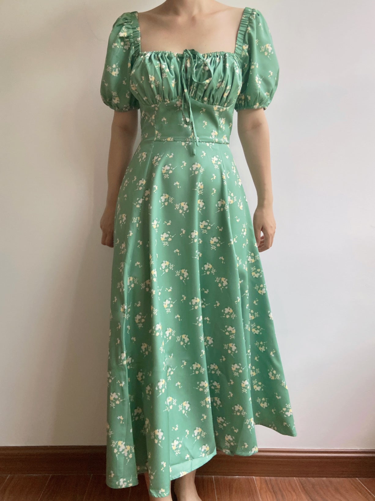 Floral Print Puff Sleeve Midi Dress - Green | Vintage Mist