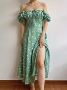 Floral Print Puff Sleeve Midi Dress - Green | Vintage Mist