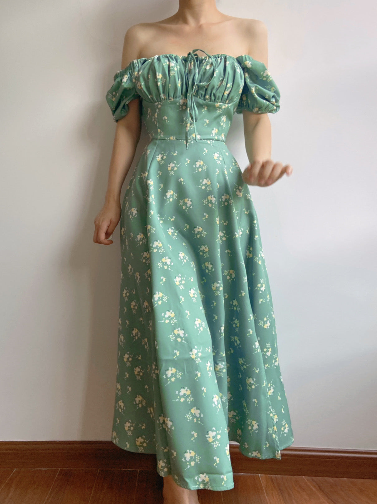 Floral Print Puff Sleeve Midi Dress - Green | Vintage Mist