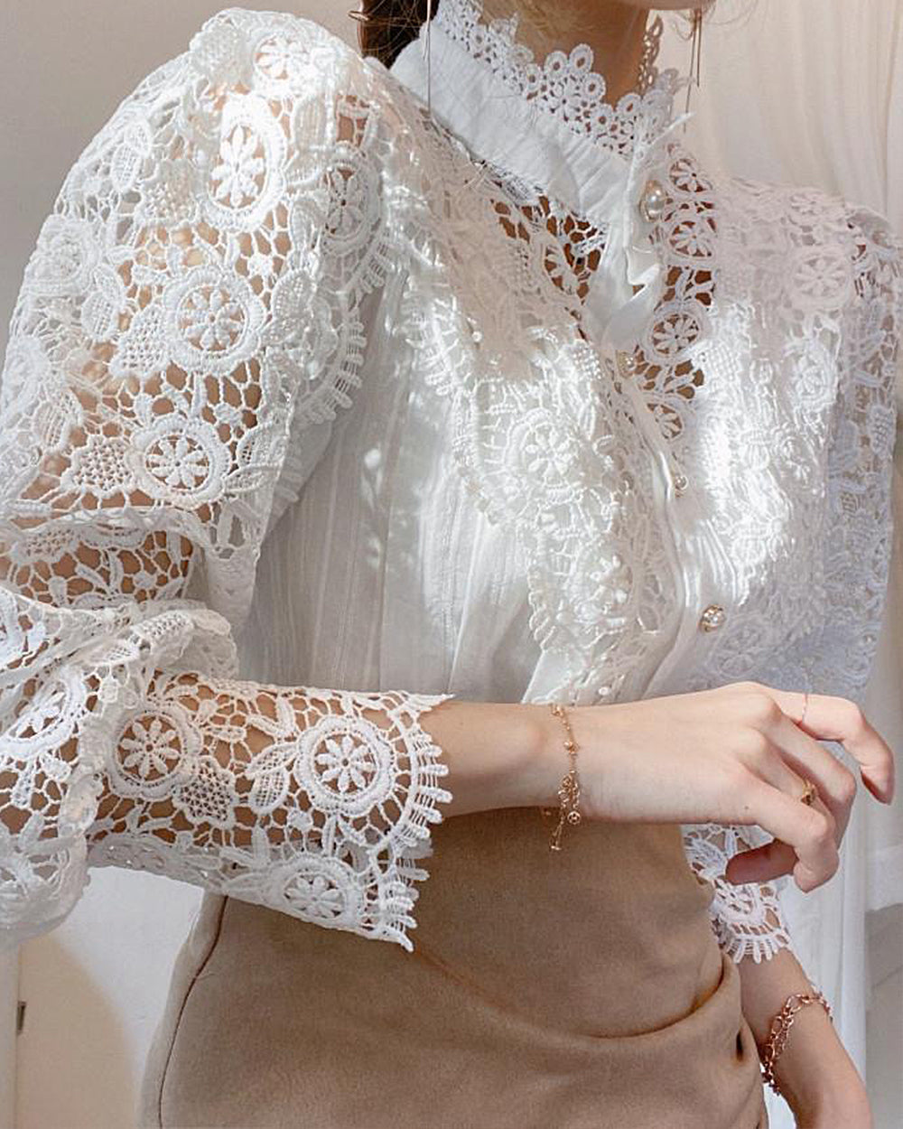 Lace Hollow Puff Long Sleeve Blouse | VintageMist