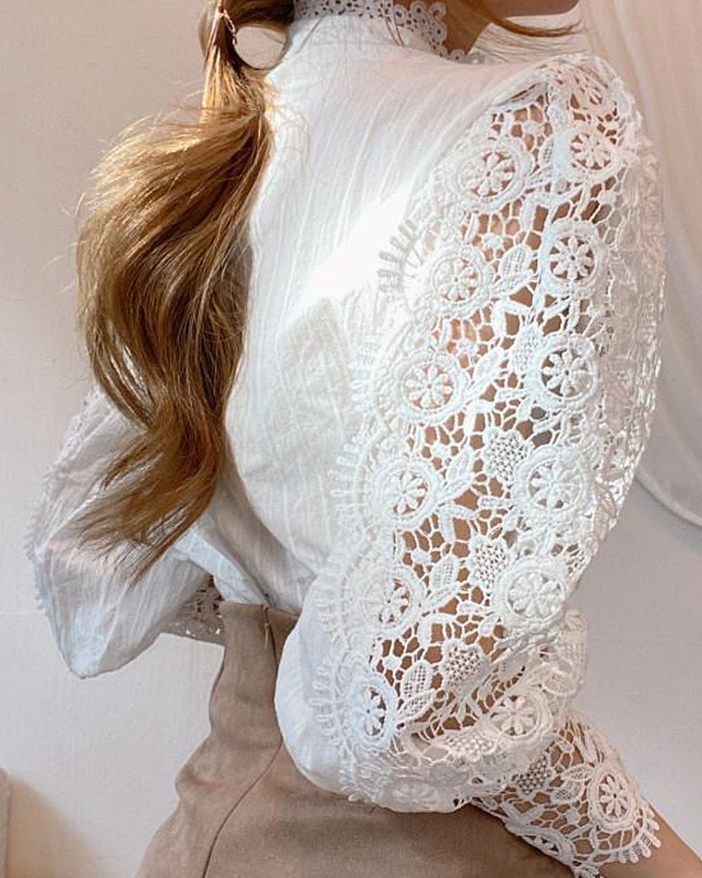 Lace Hollow Puff Long Sleeve Blouse | VintageMist