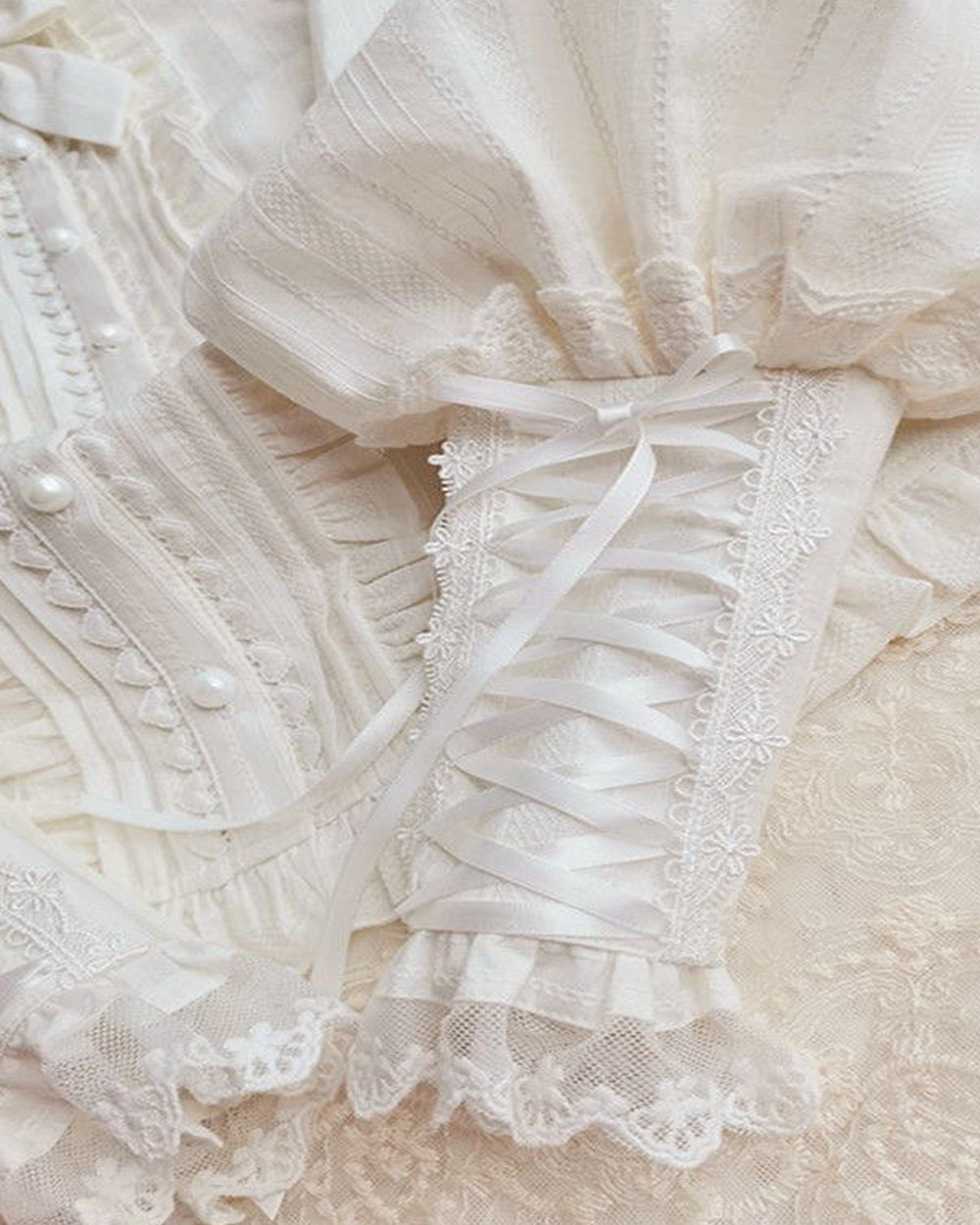 Lamb Leg Sleeve Bow Tie Ruffle Blouse - White | VintageMist