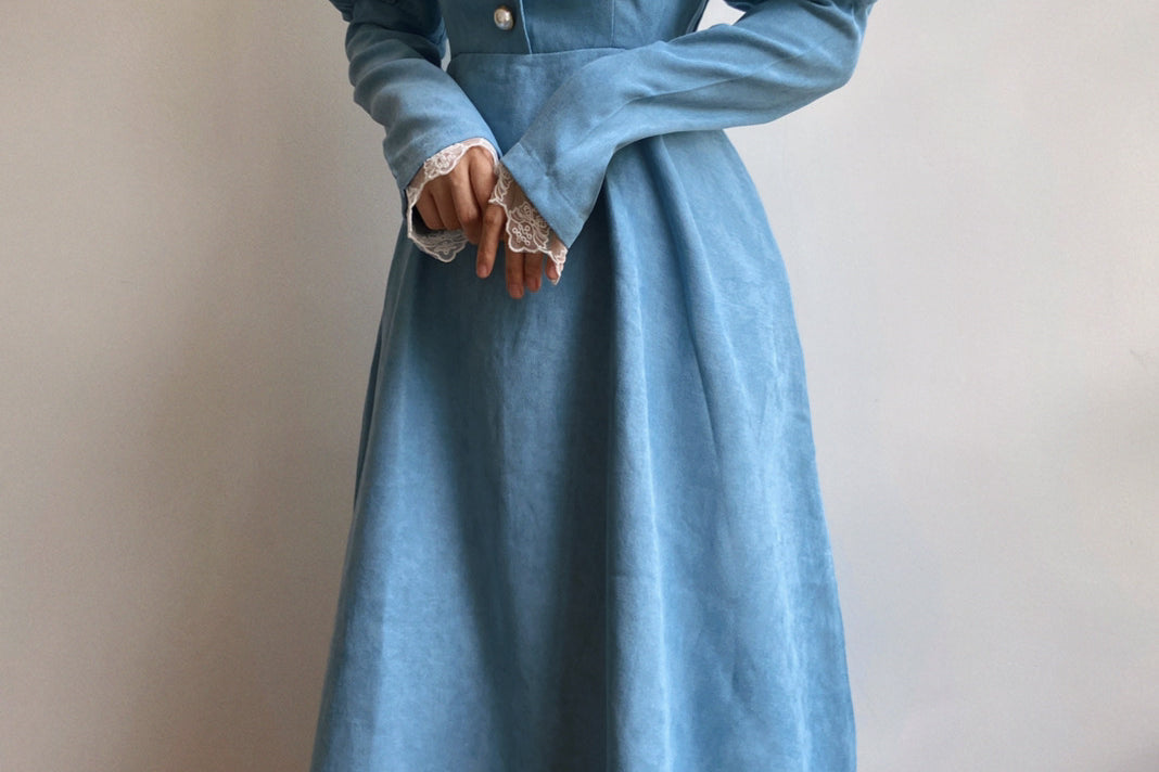 Lamb Sleeve Lace Midi Dress - Blue | VintageMist_