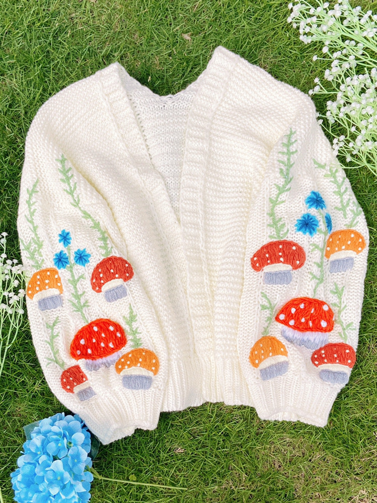 Mushroom Daisy Embroidery Cardigan - White | VintageMist