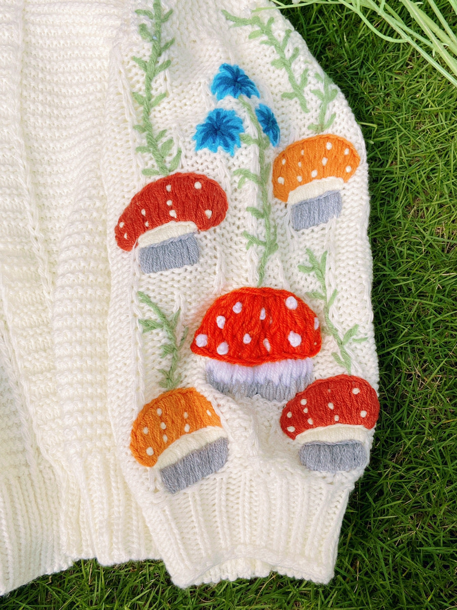Mushroom Daisy Embroidery Cardigan - White | VintageMist