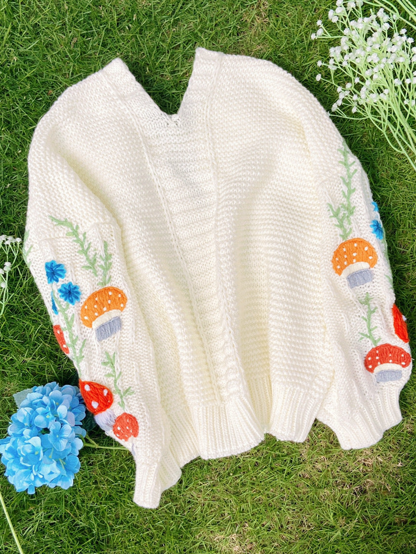 Mushroom Daisy Embroidery Cardigan - White | VintageMist